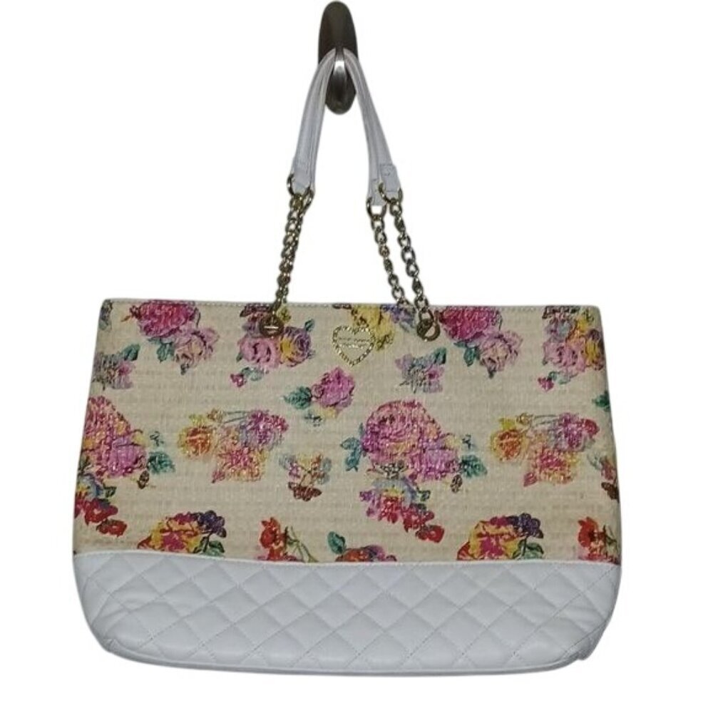 Betsey Johnson White Floral Quilted Faux Leather Tote